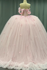 Off-Shoulder Crystal Beaded Ball Gown with 3D Floral Embellishments Perfect for Quinceaneras Sweet 16 & Formal Evenings